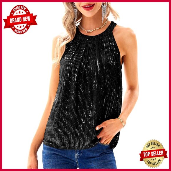 Tops - Sequin Halter Top Sleeveless Sparkly Tank Ruched Flowy Party Club Wear Y2K